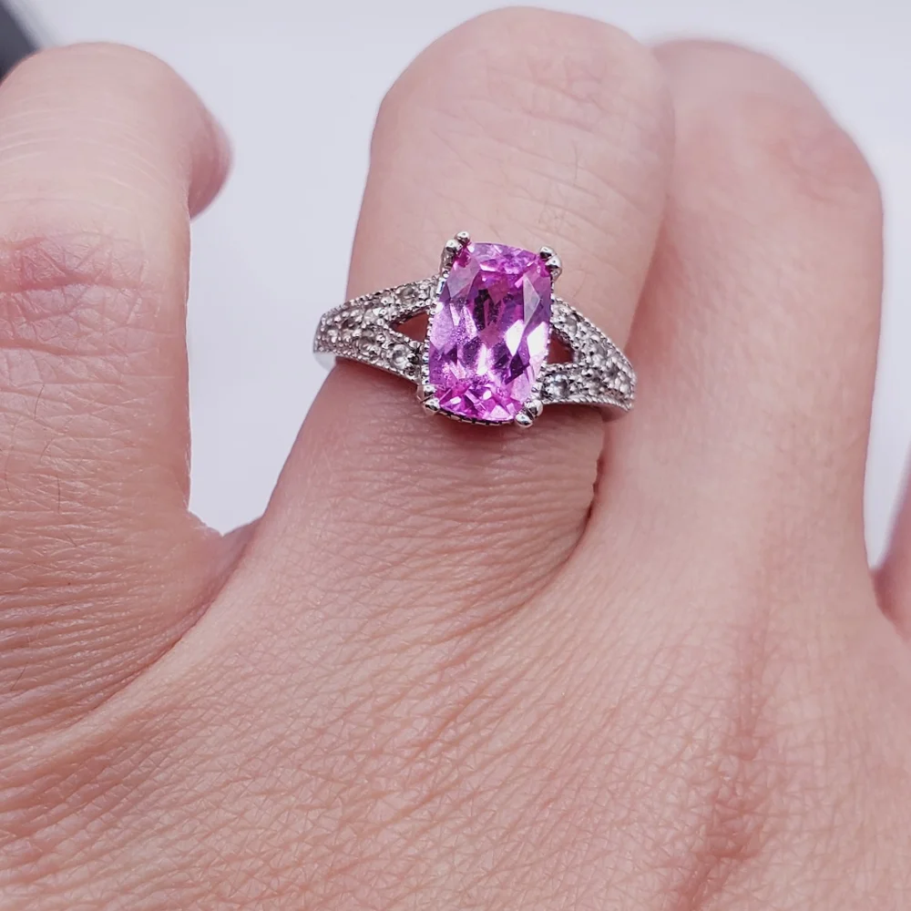 Genuine Pink & White Topaz 925 Sterling Silver Ring - Picture 4 of 8